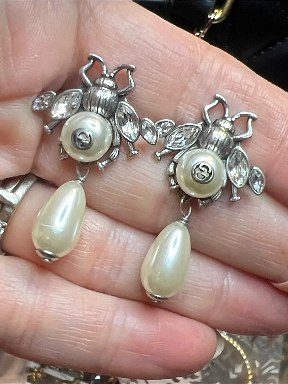 Pearl Drop Bee Earrings in Ivory and Silver